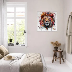 peinture portrait d'un lion couleurs rouge orangé