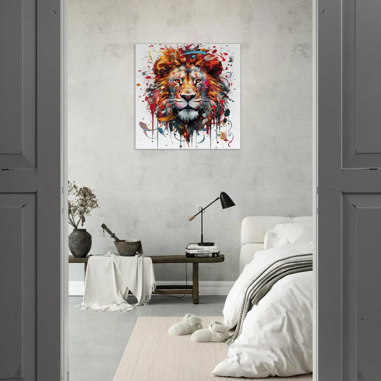 peinture portrait d'un lion couleurs rouge orangé