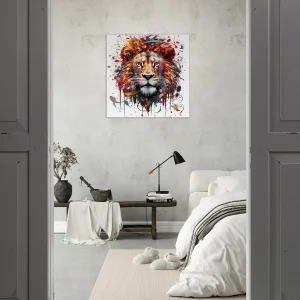 peinture portrait d'un lion couleurs rouge orangé
