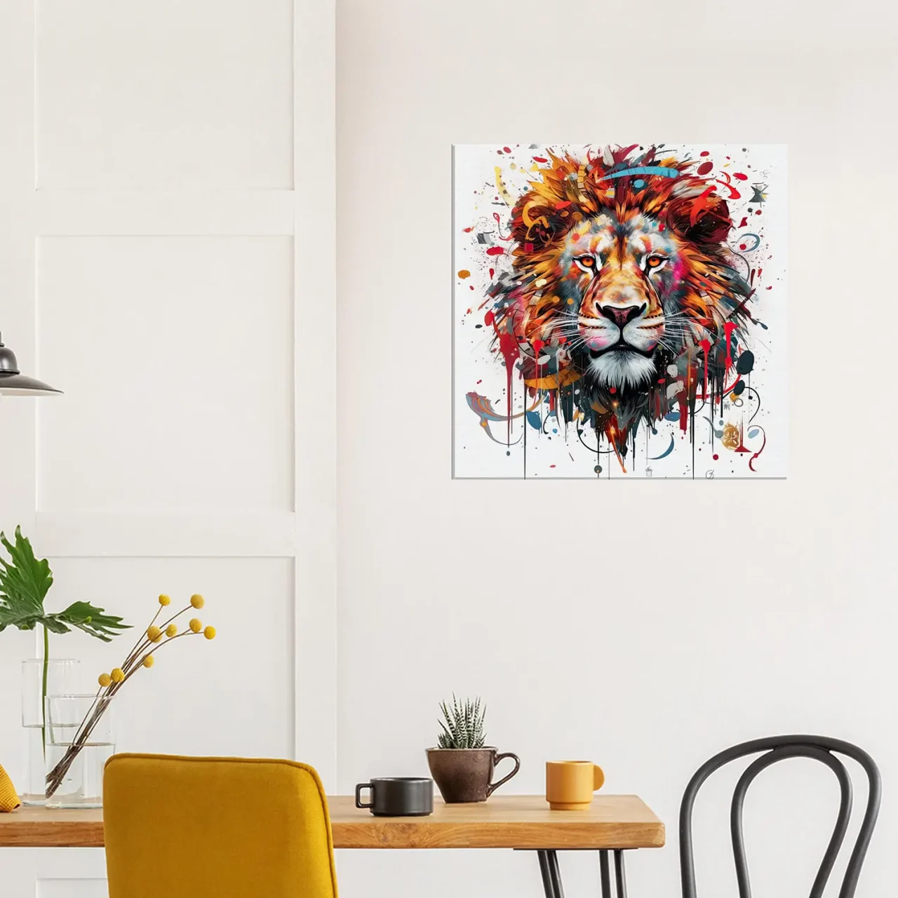 peinture portrait d'un lion couleurs rouge orangé