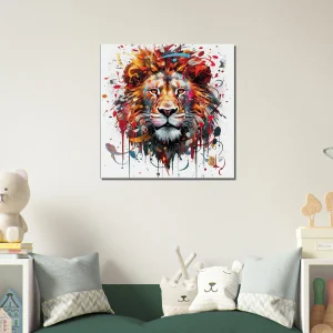 peinture portrait d'un lion couleurs rouge orangé