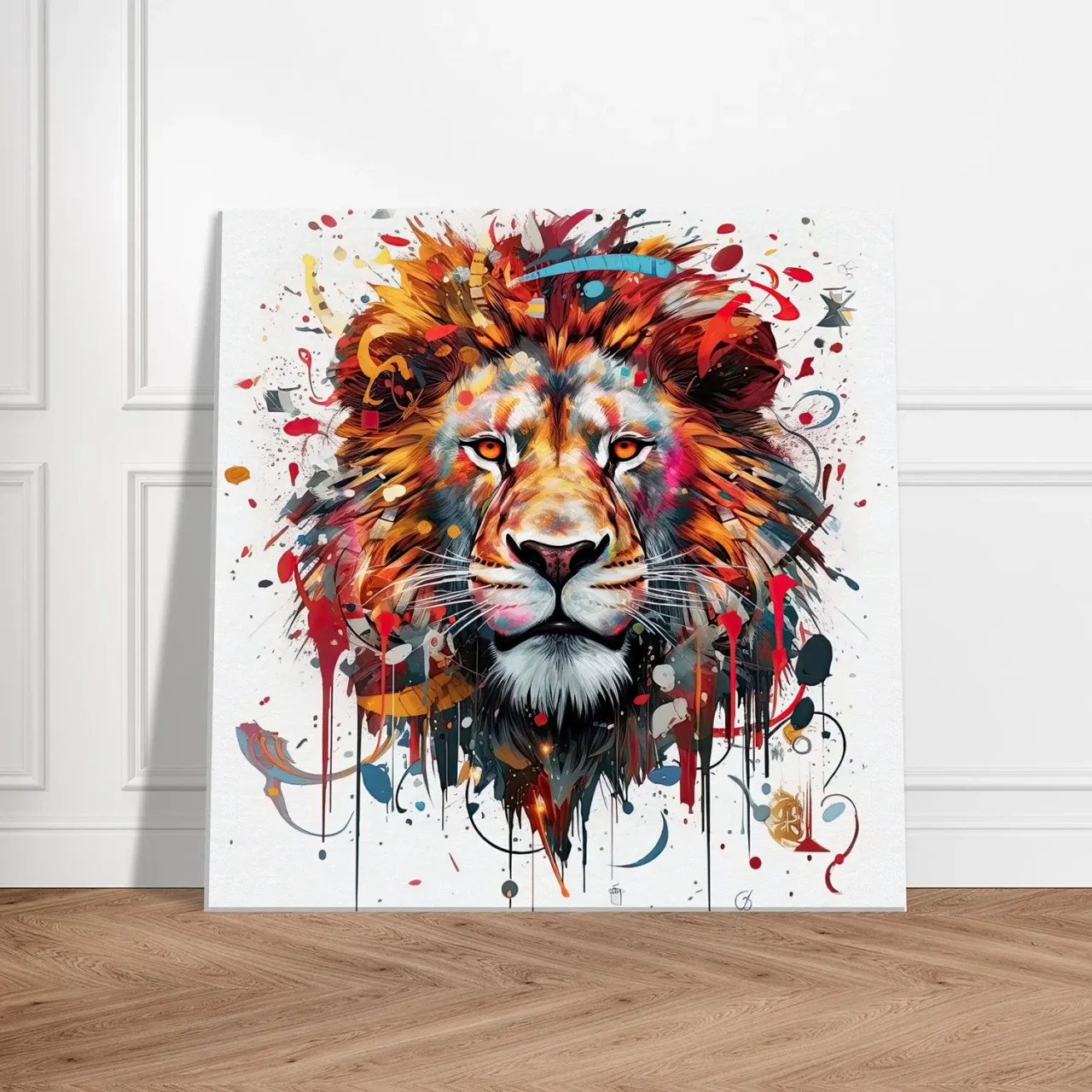 peinture portrait d'un lion couleurs rouge orangé