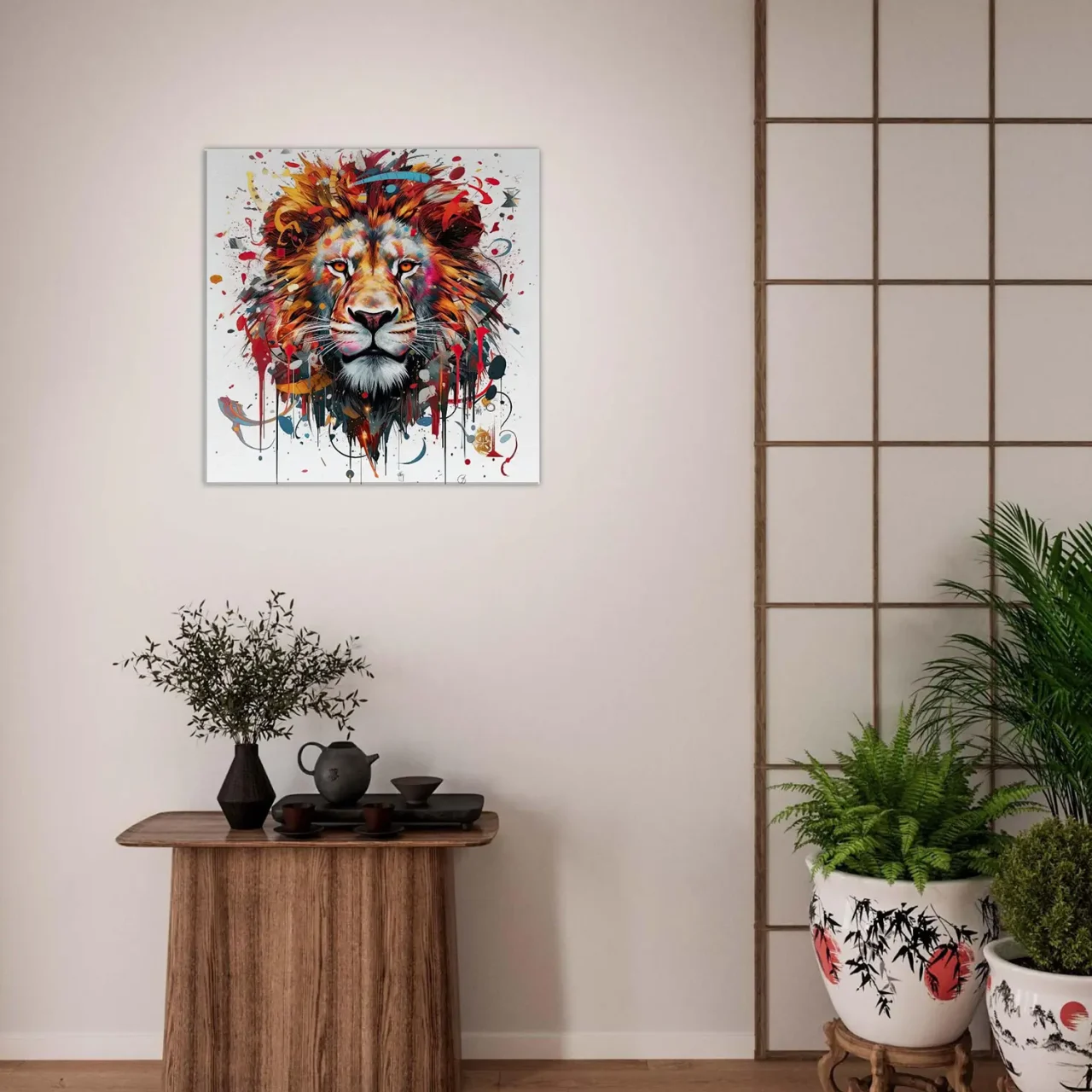 peinture portrait d'un lion couleurs rouge orangé