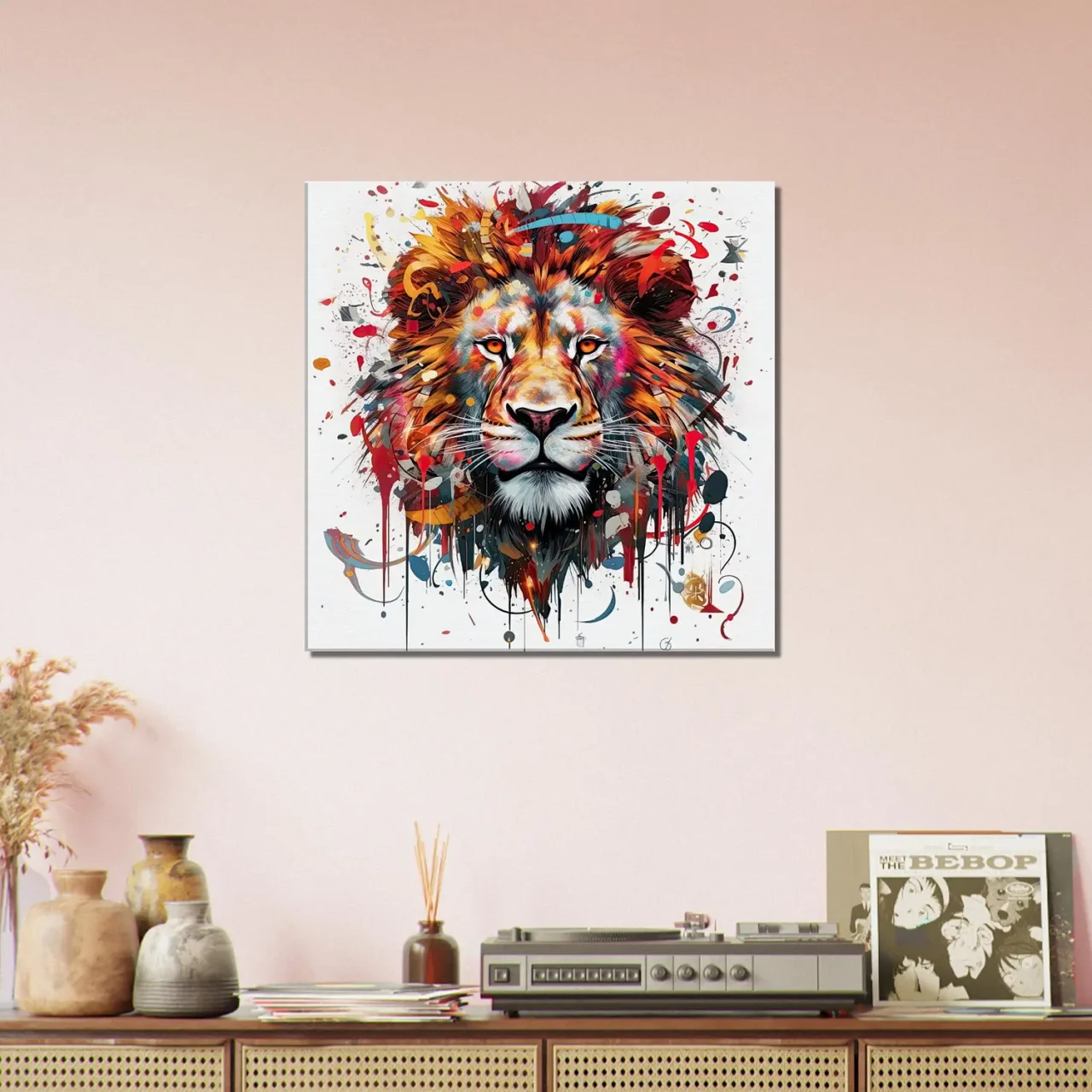 peinture portrait d'un lion couleurs rouge orangé
