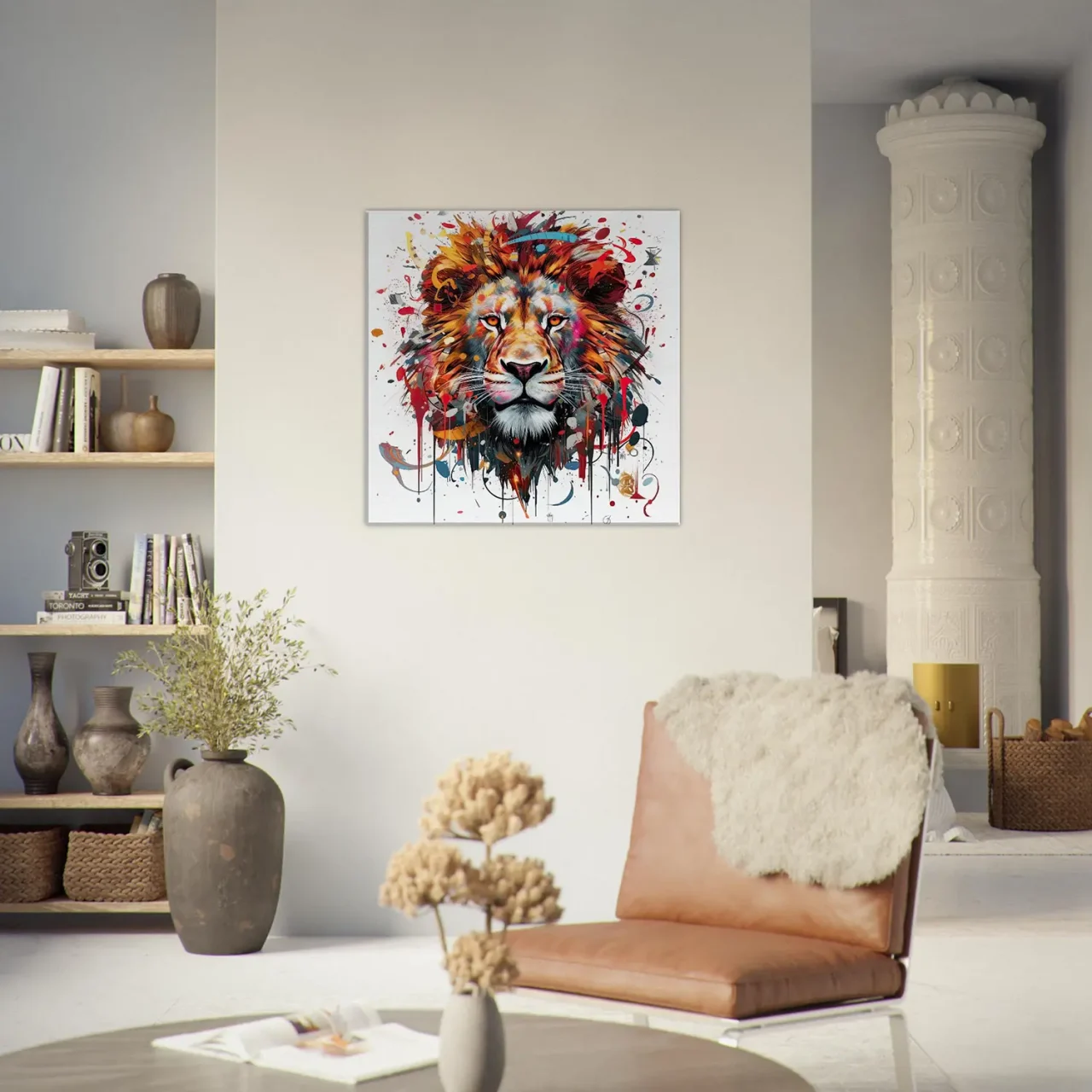 peinture portrait d'un lion couleurs rouge orangé