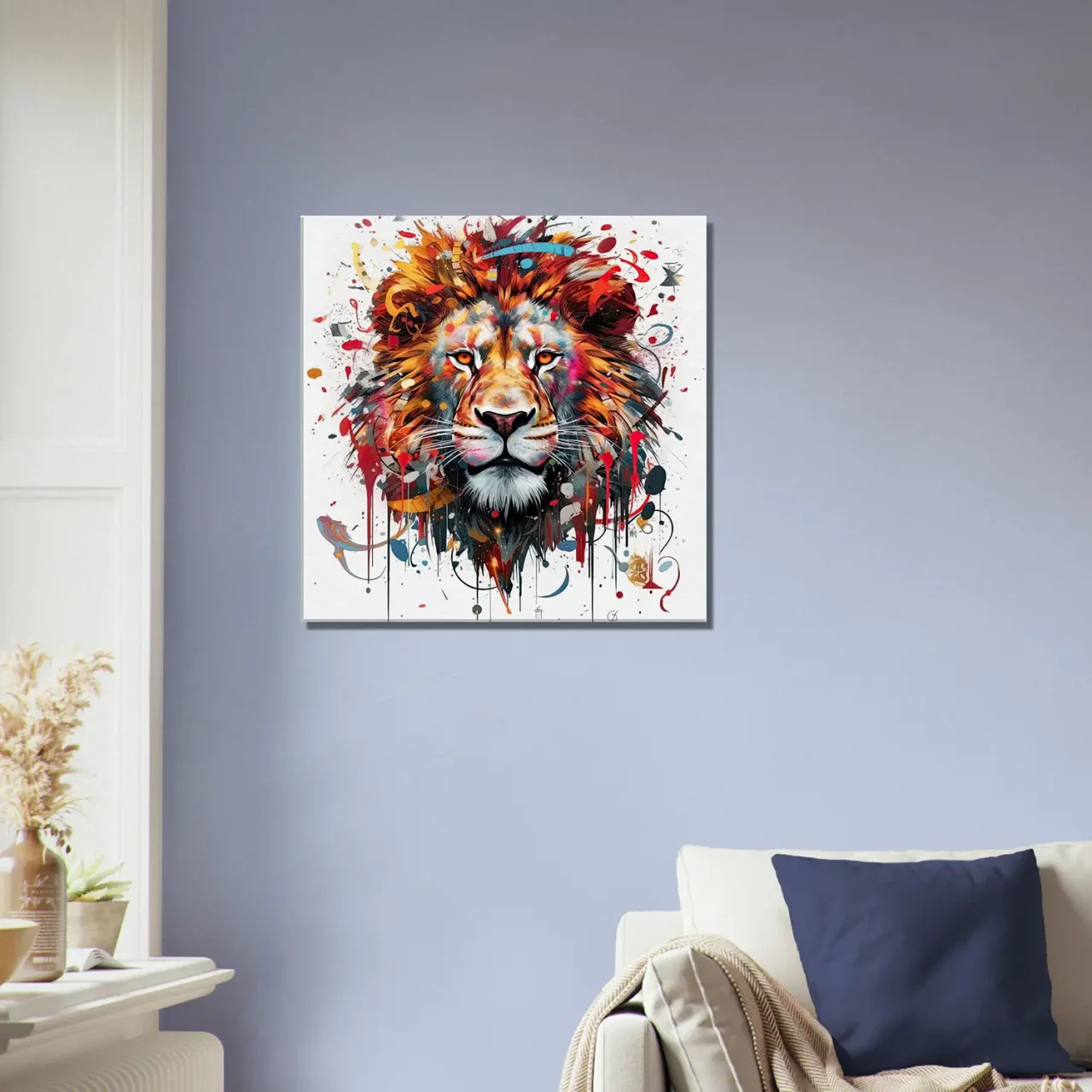 peinture portrait d'un lion couleurs rouge orangé