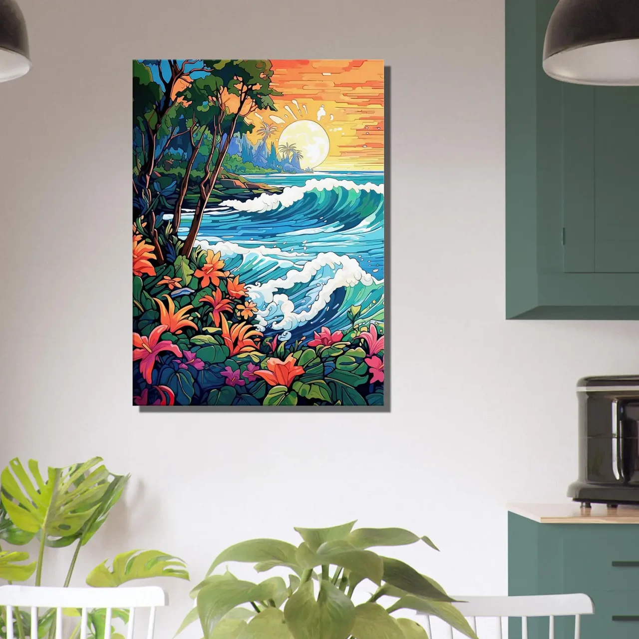 scene tropical coucher de soleil art nouveau