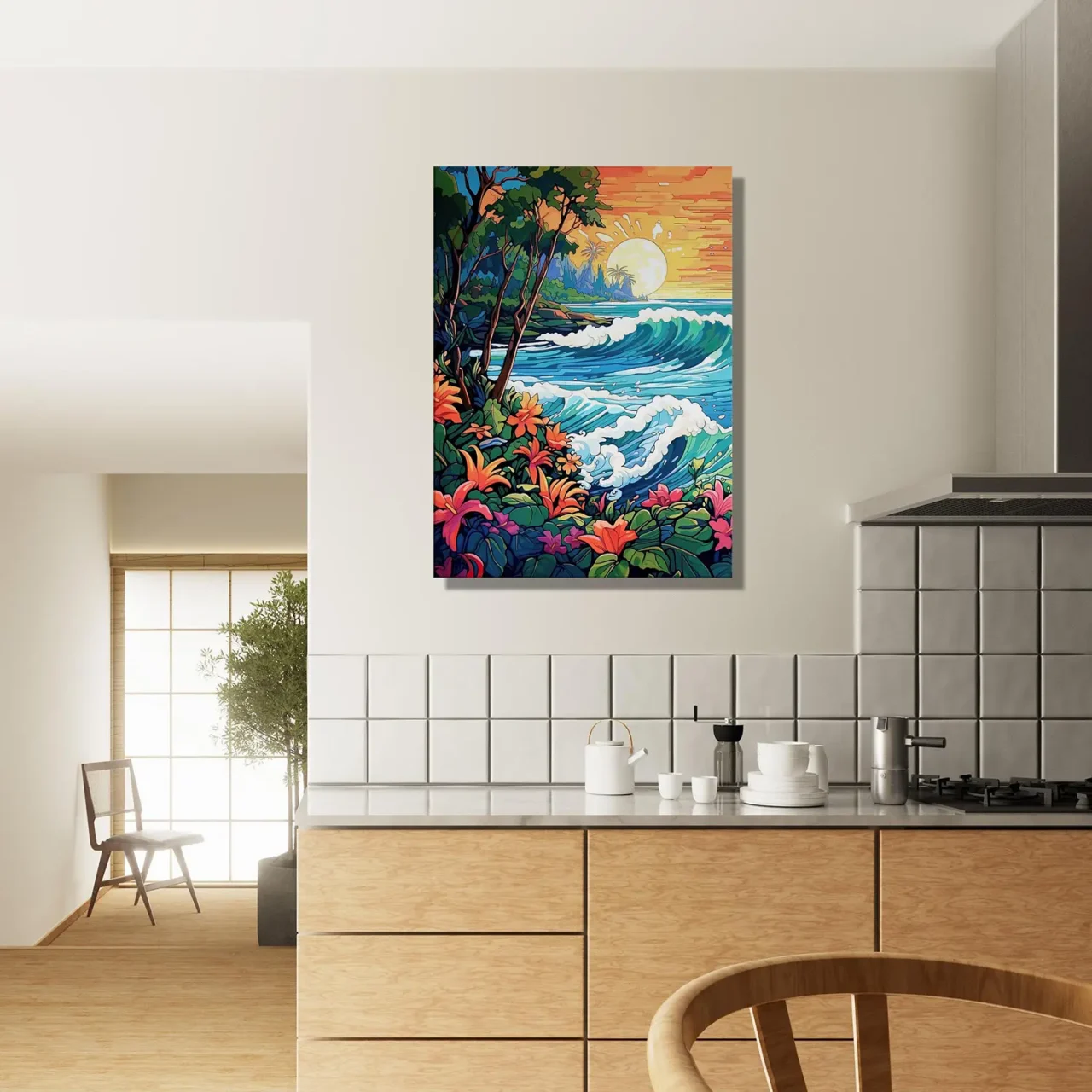 scene tropical coucher de soleil art nouveau