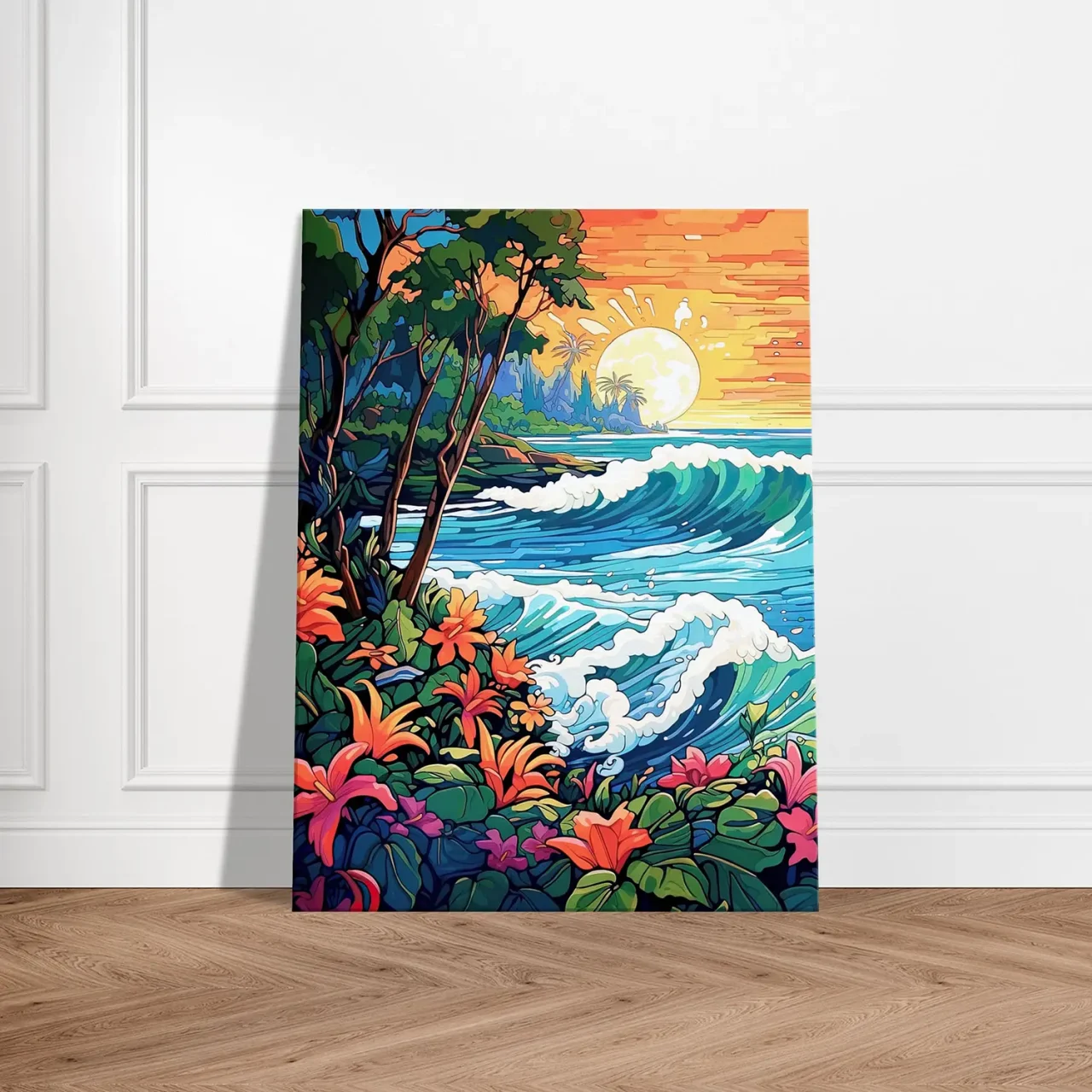 scene tropical coucher de soleil art nouveau