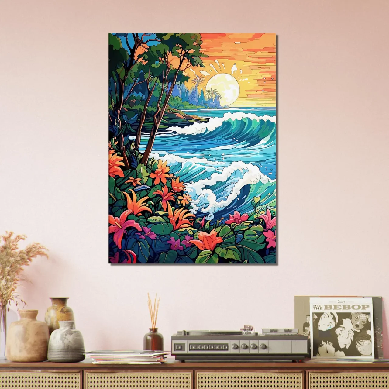 scene tropical coucher de soleil art nouveau