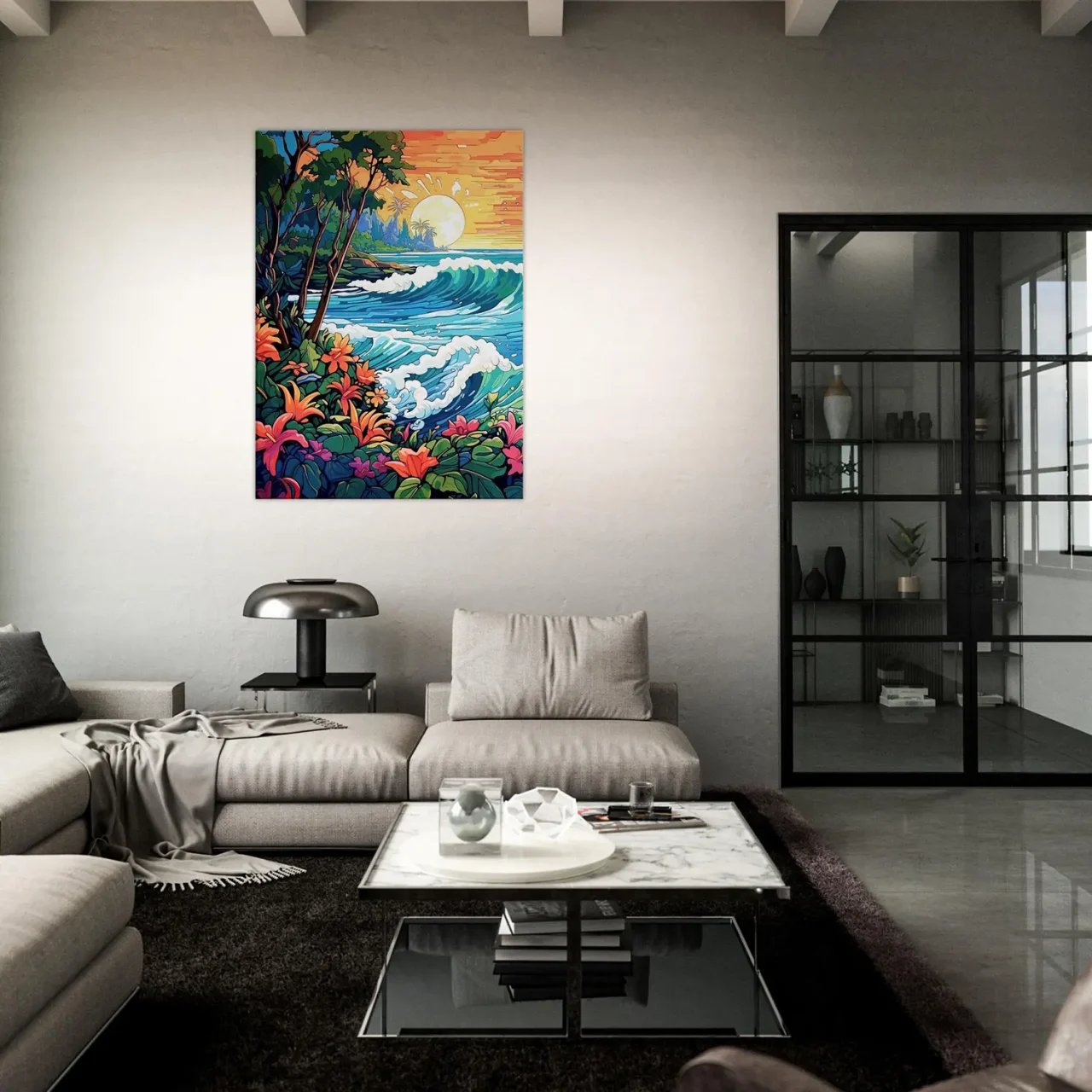 scene tropical coucher de soleil art nouveau