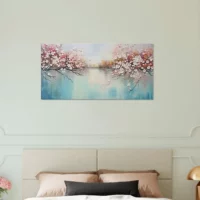 Tableau peinture Arbres fleuris sur lac paisible arbres fleuris sur lac paisible