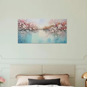 arbres fleuris sur lac paisible