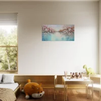 Tableau peinture Arbres fleuris sur lac paisible arbres fleuris sur lac paisible