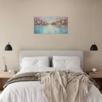 Tableau peinture Arbres fleuris sur lac paisible arbres fleuris sur lac paisible