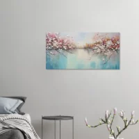 Tableau peinture Arbres fleuris sur lac paisible arbres fleuris sur lac paisible
