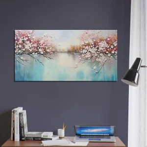 arbres fleuris sur lac paisible