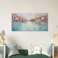 Tableau peinture Arbres fleuris sur lac paisible arbres fleuris sur lac paisible