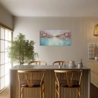 Tableau peinture Arbres fleuris sur lac paisible arbres fleuris sur lac paisible