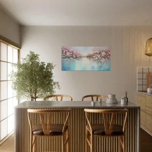 arbres fleuris sur lac paisible