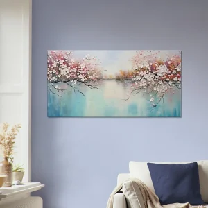 arbres fleuris sur lac paisible