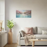 Tableau peinture Arbres fleuris sur lac paisible arbres fleuris sur lac paisible