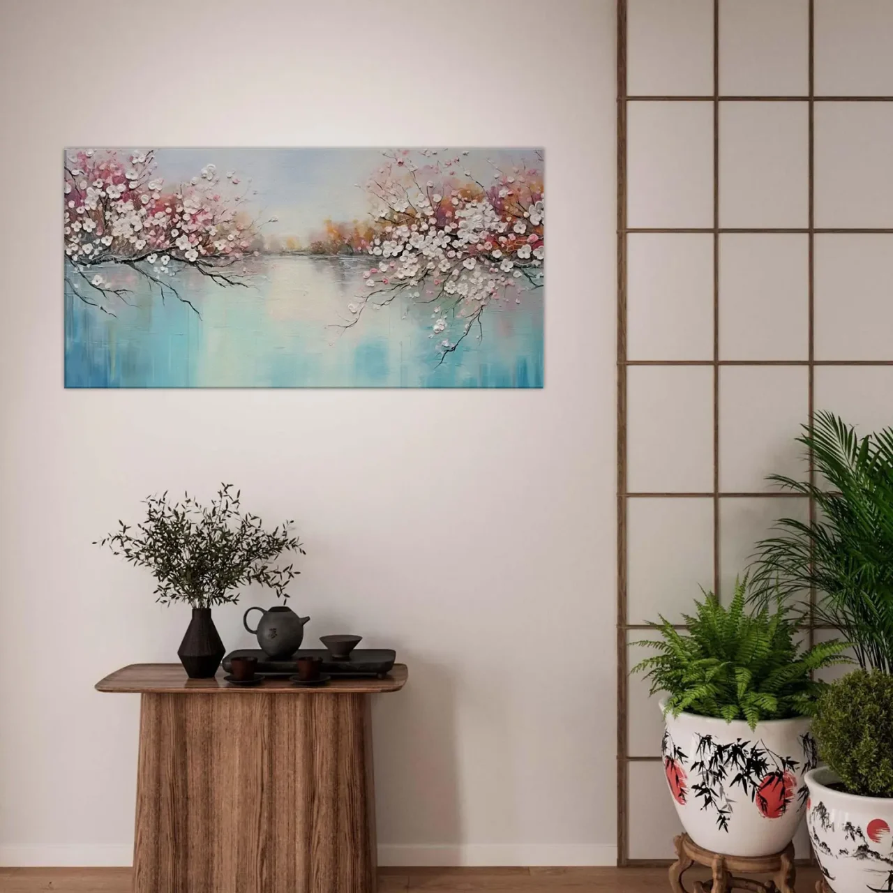 arbres fleuris sur lac paisible