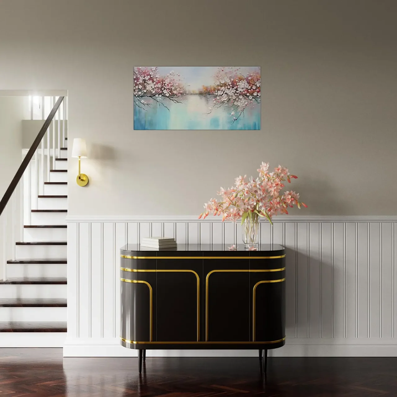 arbres fleuris sur lac paisible