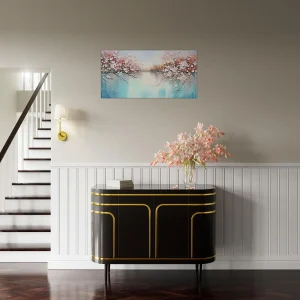 arbres fleuris sur lac paisible