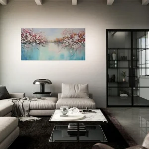 arbres fleuris sur lac paisible