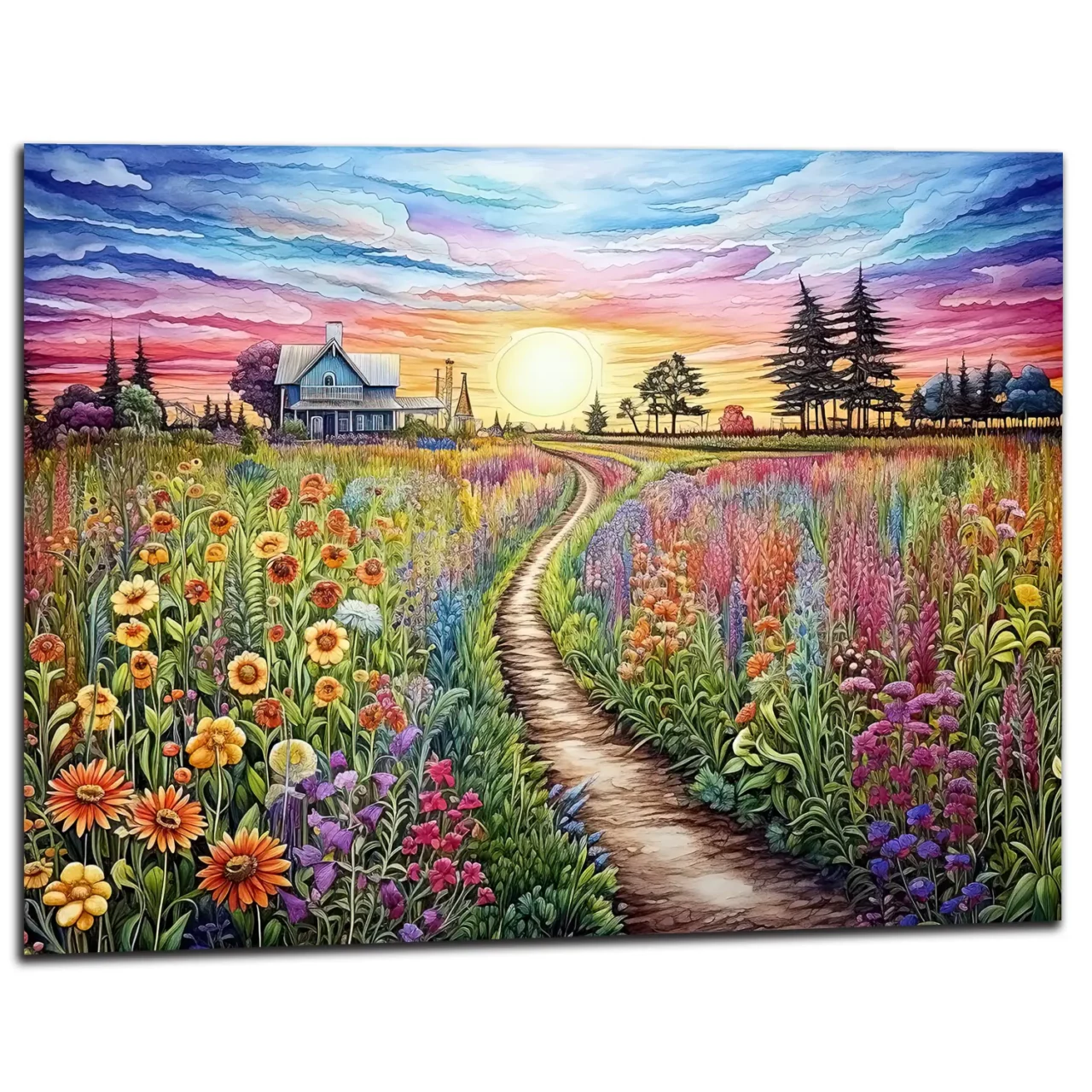 champs de fleurs vives et maison de campagne