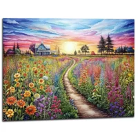 Champs de fleurs vives et maison de campagne champs de fleurs vives et maison de campagne