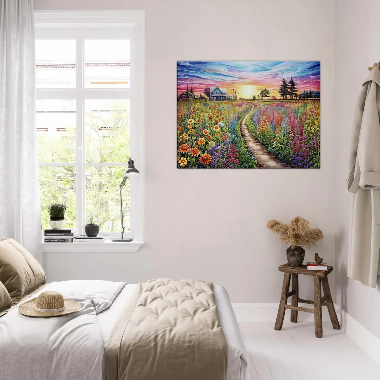 champs de fleurs vives et maison de campagne