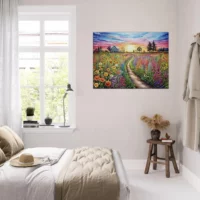 champs de fleurs vives et maison de campagne