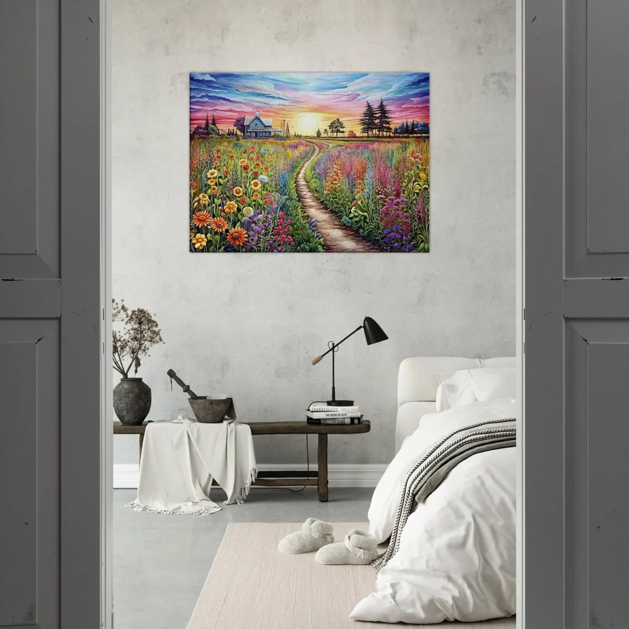 champs de fleurs vives et maison de campagne