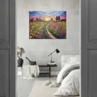 champs de fleurs vives et maison de campagne