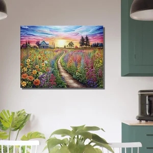 champs de fleurs vives et maison de campagne