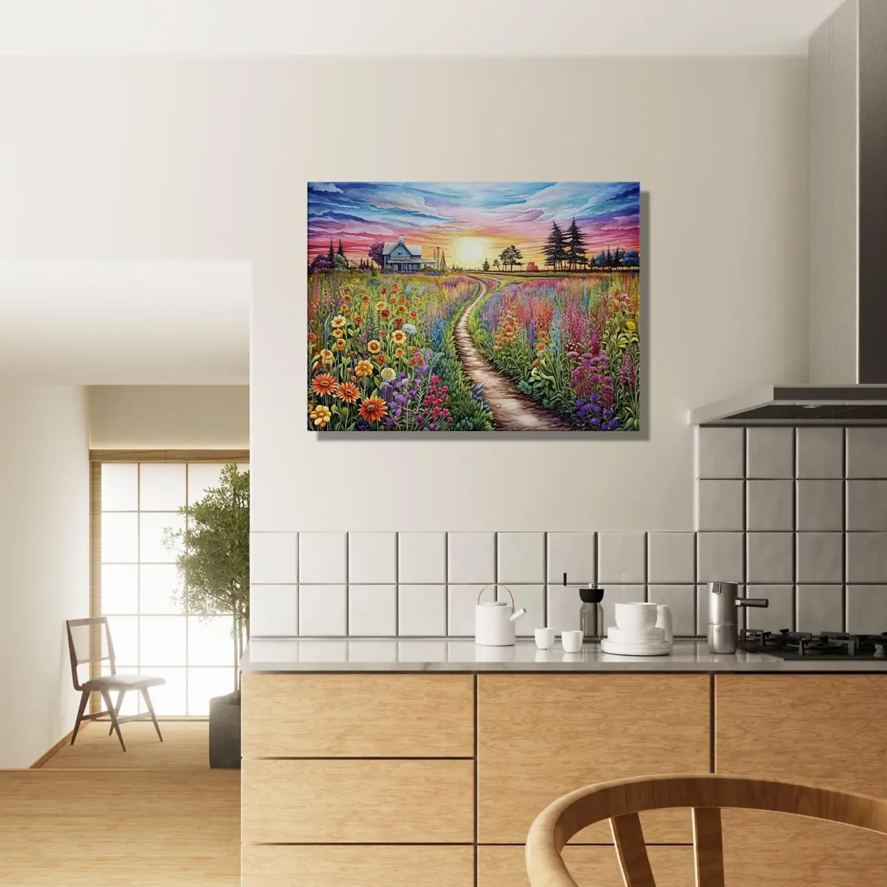 champs de fleurs vives et maison de campagne