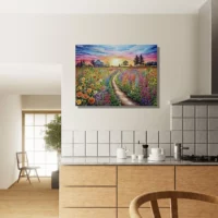 champs de fleurs vives et maison de campagne