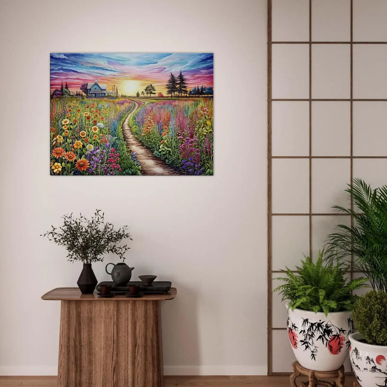 champs de fleurs vives et maison de campagne