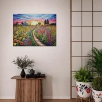 champs de fleurs vives et maison de campagne