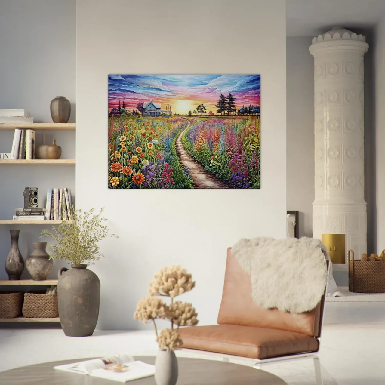 champs de fleurs vives et maison de campagne