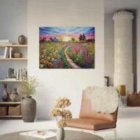 champs de fleurs vives et maison de campagne