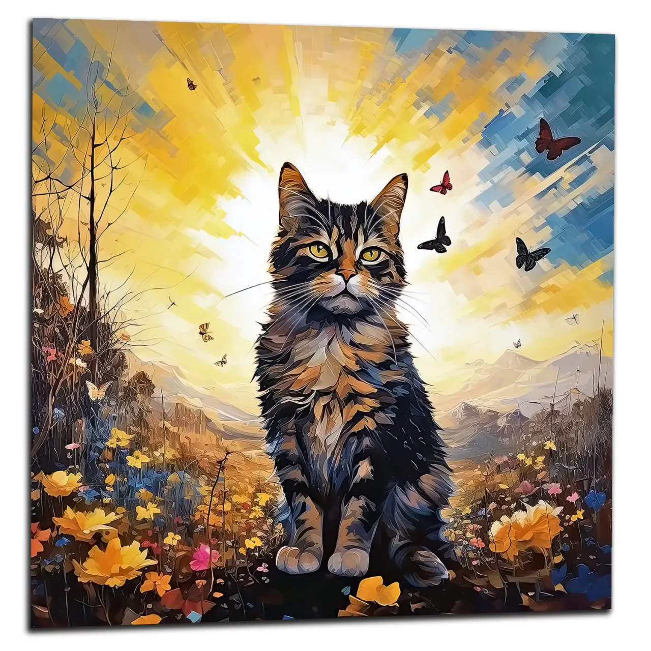 chat mignon, fleurs jaunes et papillons