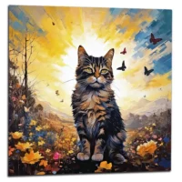 Cadre Chat mignon, fleurs jaunes et papillons chat mignon, fleurs jaunes et papillons