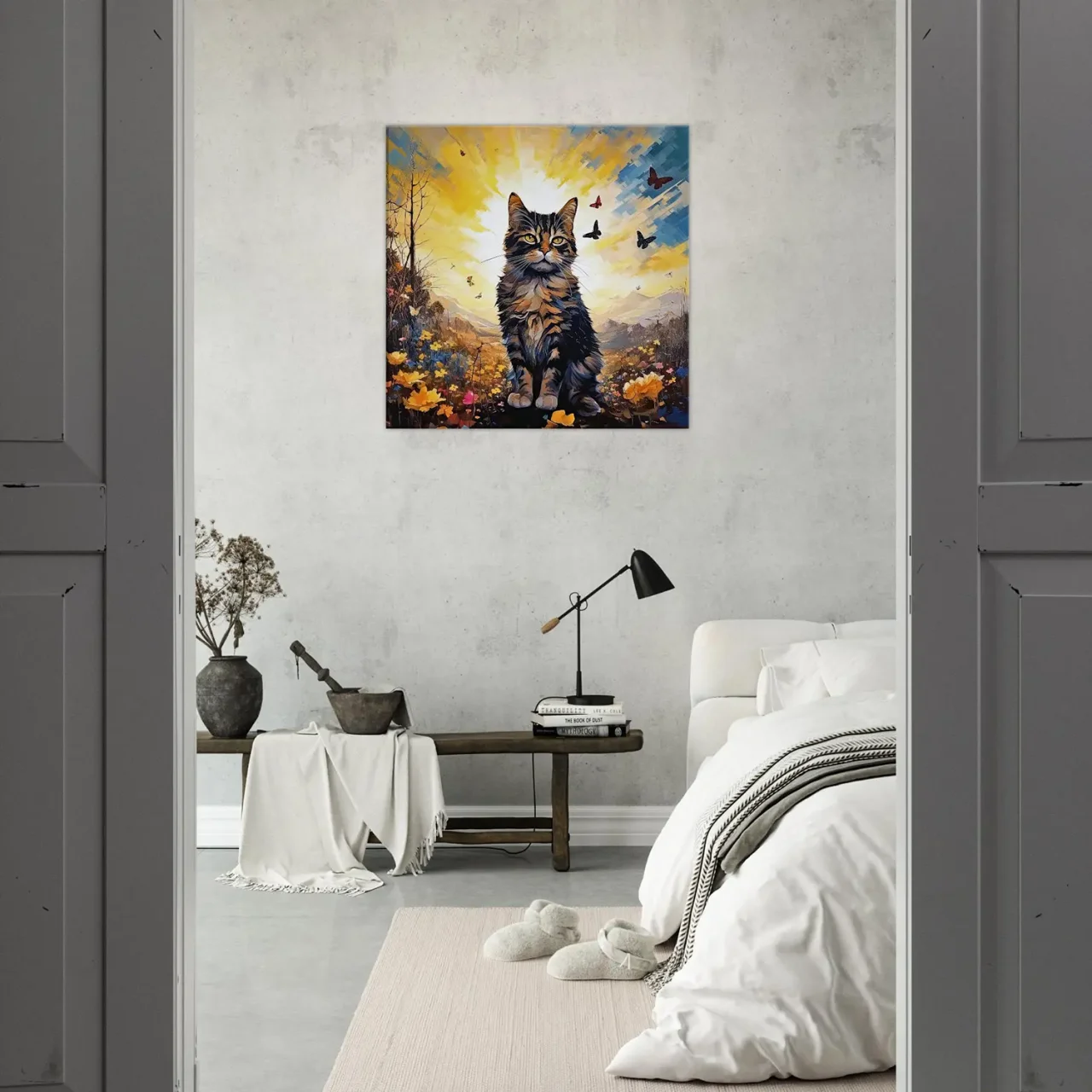 chat mignon, fleurs jaunes et papillons