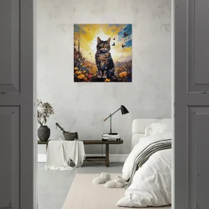 chat mignon, fleurs jaunes et papillons