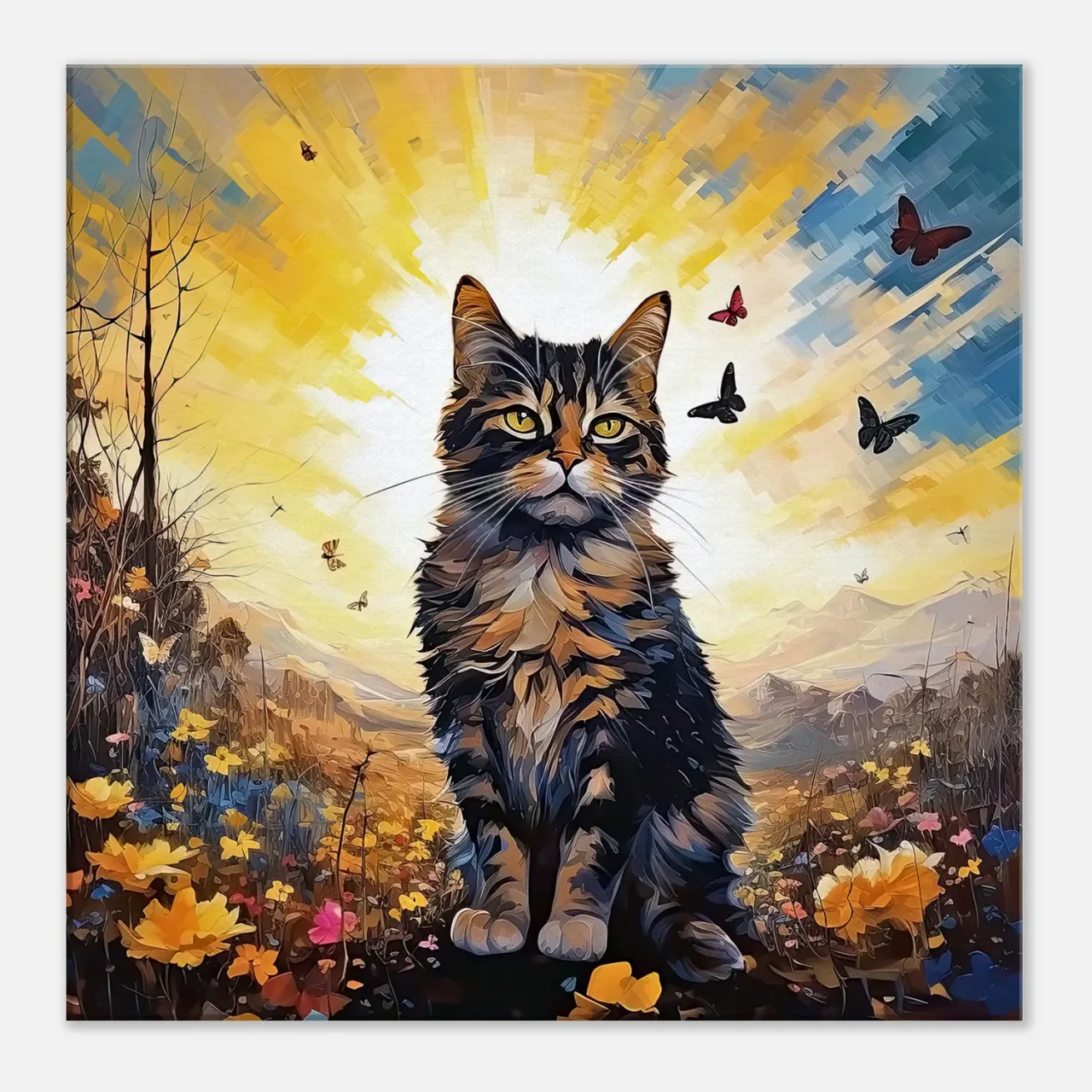 chat mignon, fleurs jaunes et papillons