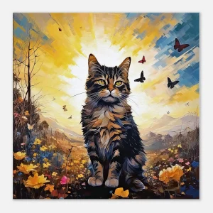 chat mignon, fleurs jaunes et papillons