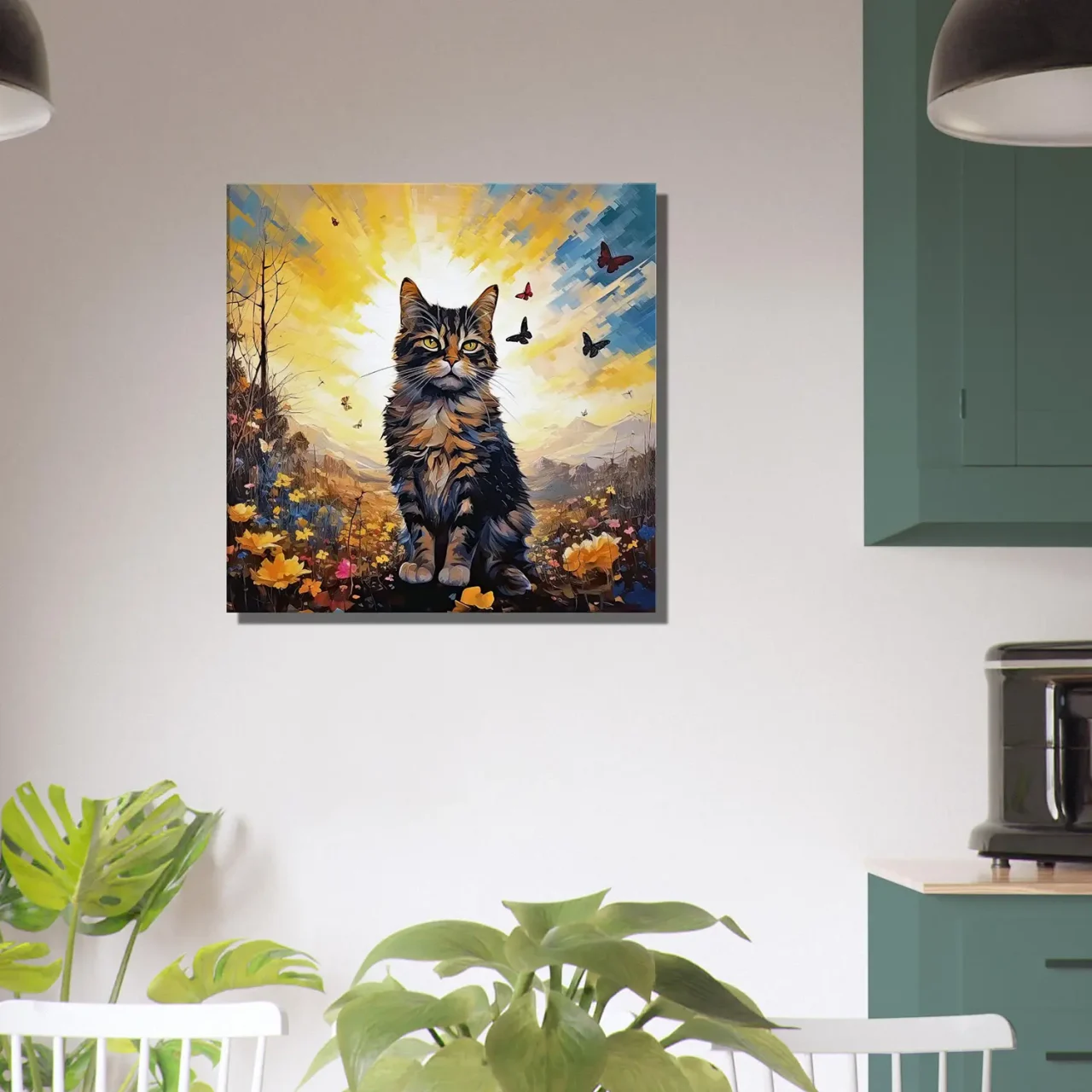 chat mignon, fleurs jaunes et papillons